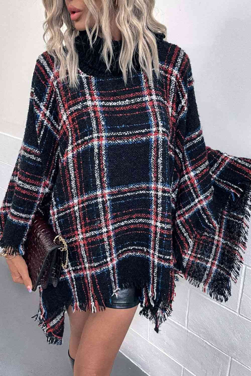 Plaid Turtleneck Poncho with Fringe Hem - Stylish Winter Fashion