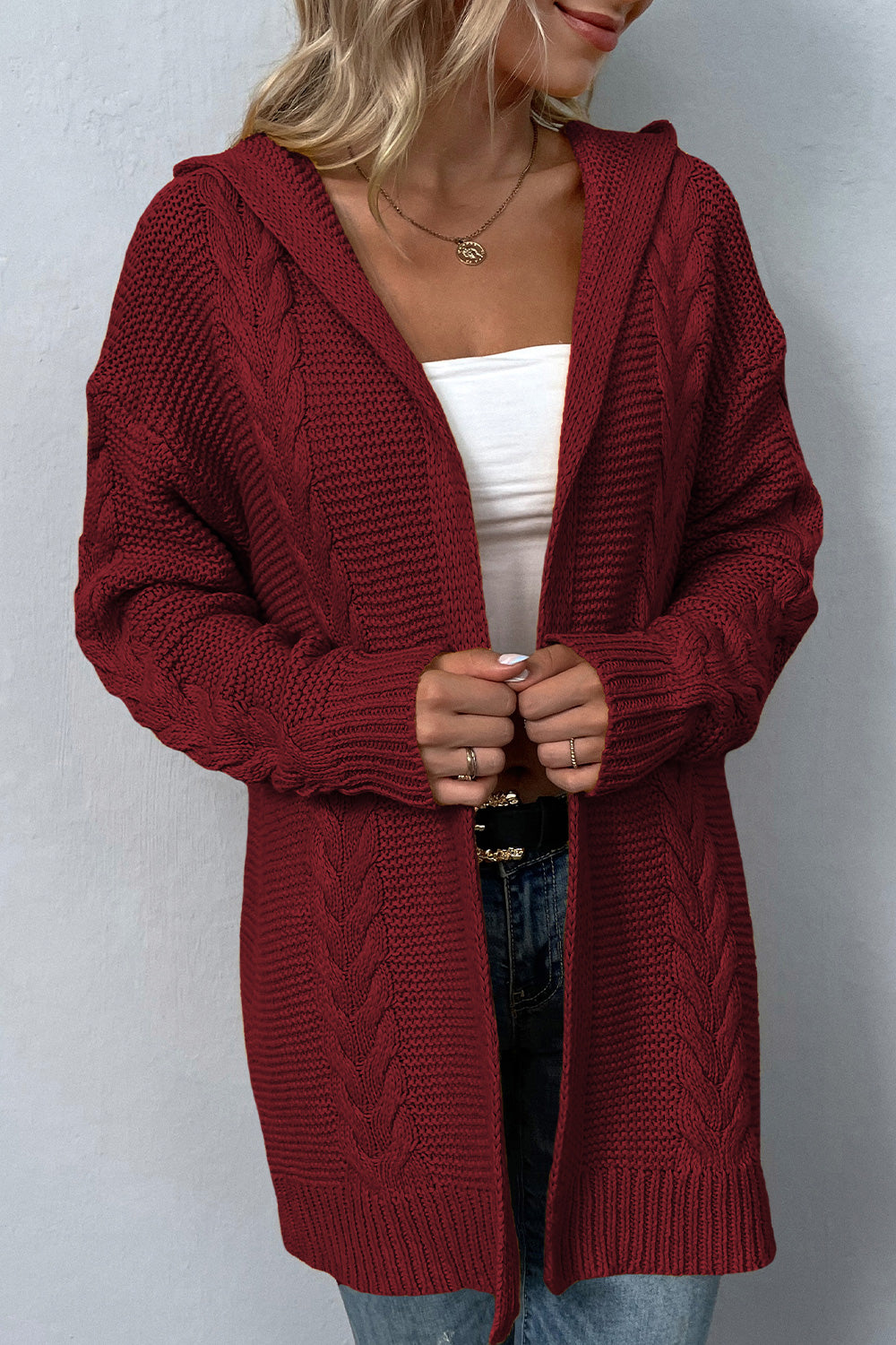 Trendsi Cupid Beauty Supplies Wine / S Woman Cardigan Cable-Knit Dropped Shoulder Hooded Cardigan