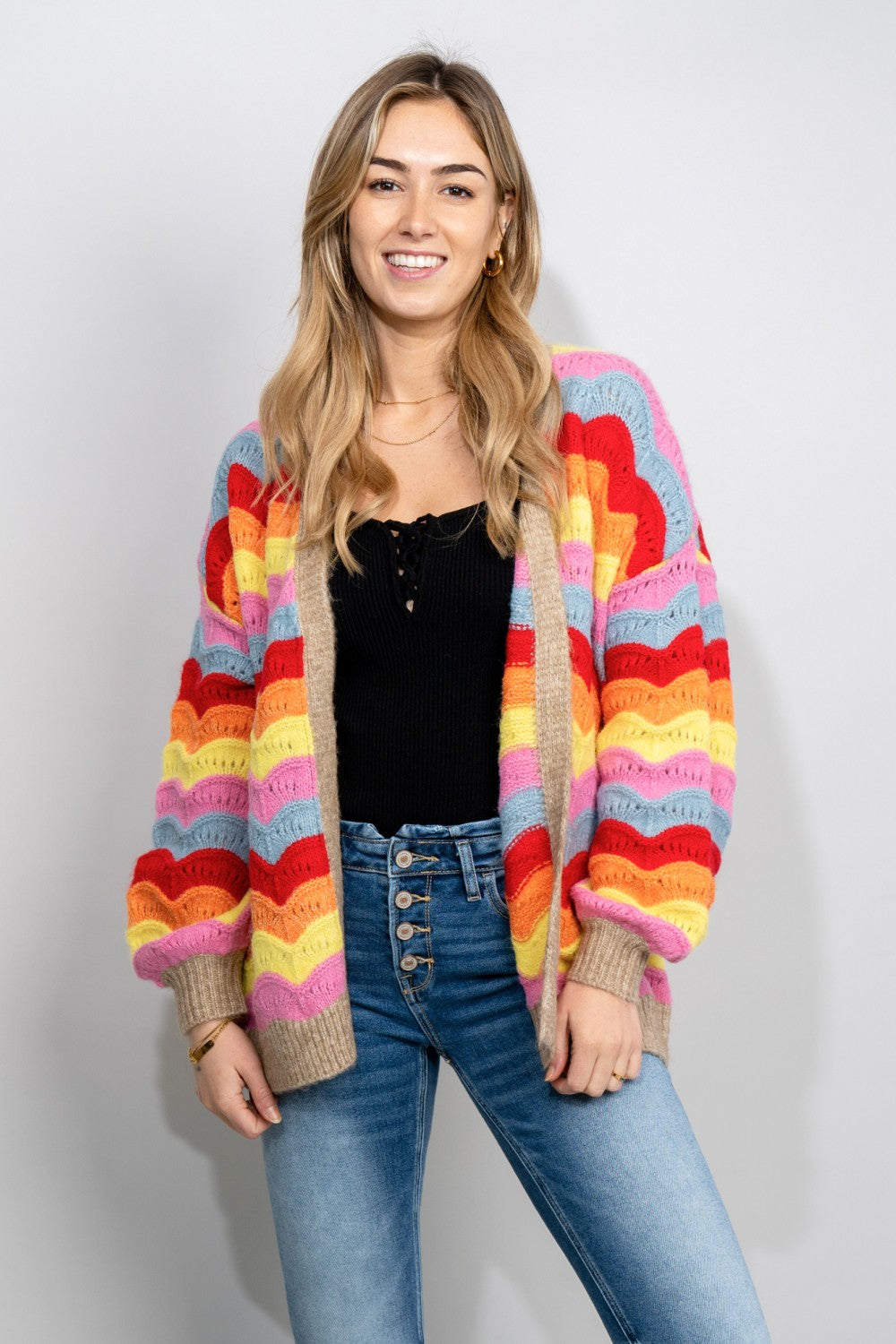 Trendsi Cupid Beauty Supplies Rainbow / S/M Woman Cardigan ee:some Rainbow Stripe Dropped Shoulder Open Front Cardigan