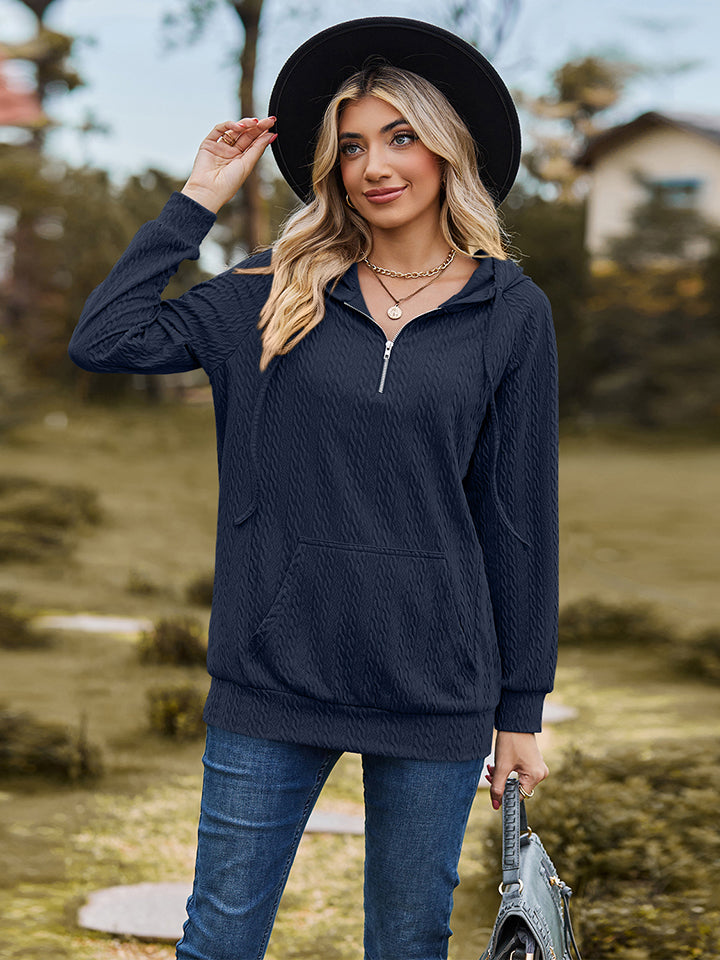 Trendsi Cupid Beauty Supplies Navy / S Blouses Cable-Knit Zip-Up Hooded Blouse