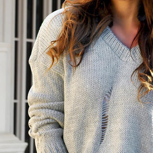 Distressed Dropped Shoulder Long Sleeve Sweater
