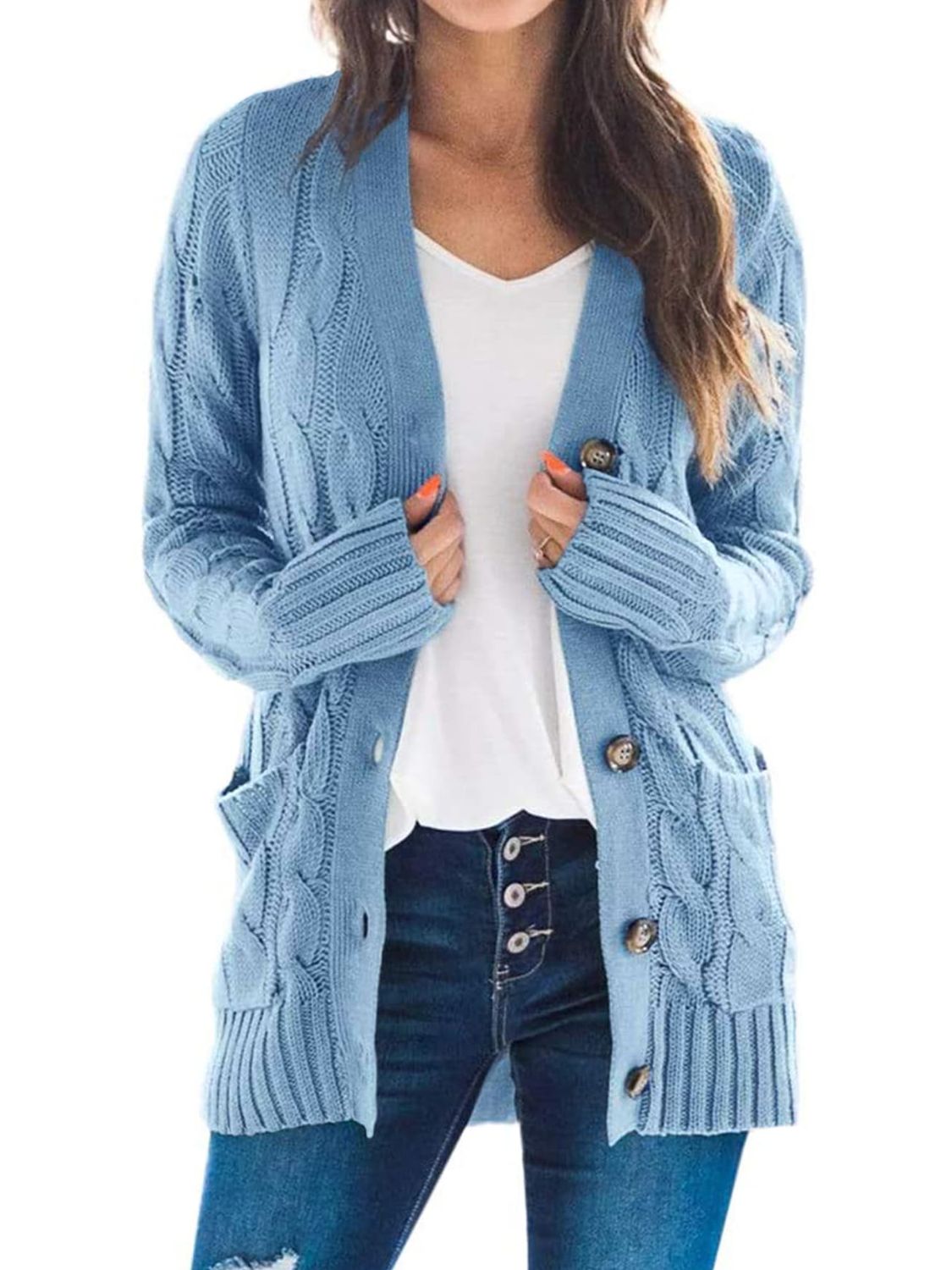 Trendsi Cupid Beauty Supplies Misty Blue / S woman cardigan Cable-Knit Buttoned Cardigan with Pockets