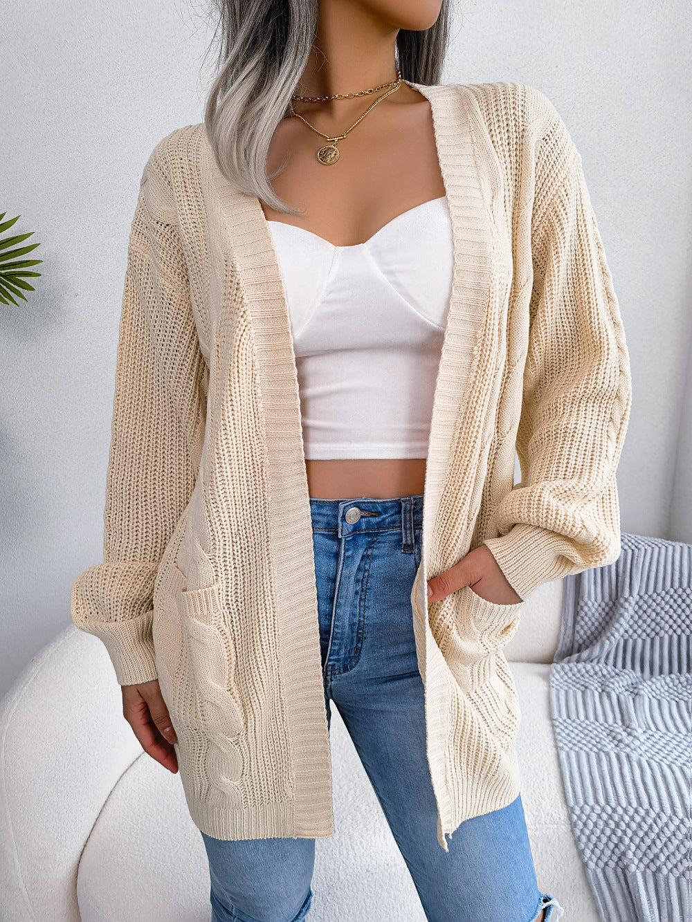 Trendsi Cupid Beauty Supplies Woman Cardigan Cable-Knit Open Front Pocketed Cardigan