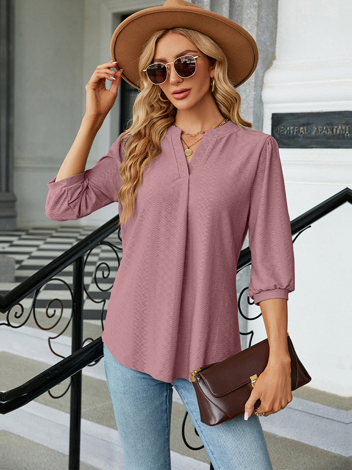 Trendsi Cupid Beauty Supplies Light Mauve / S Blouses Notched Neck Three-Quarter Sleeve Blouse