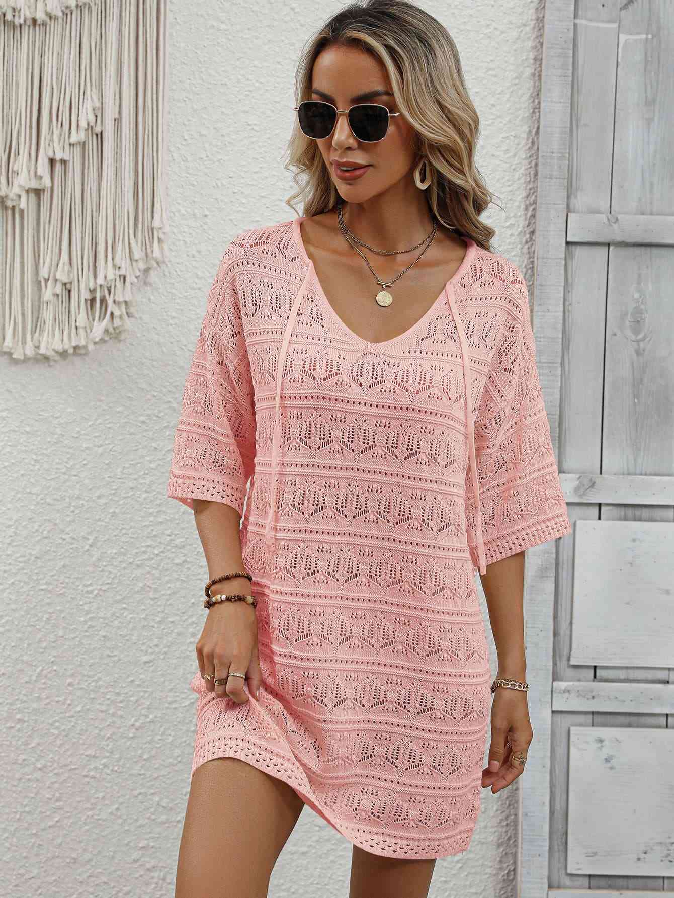 Openwork V-Neck Mini Knit Dress