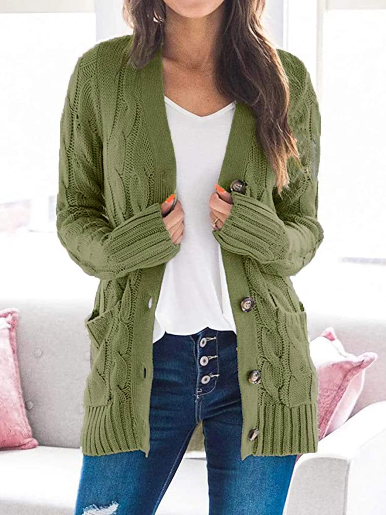 Trendsi Cupid Beauty Supplies Moss / S woman cardigan Cable-Knit Buttoned Cardigan with Pockets