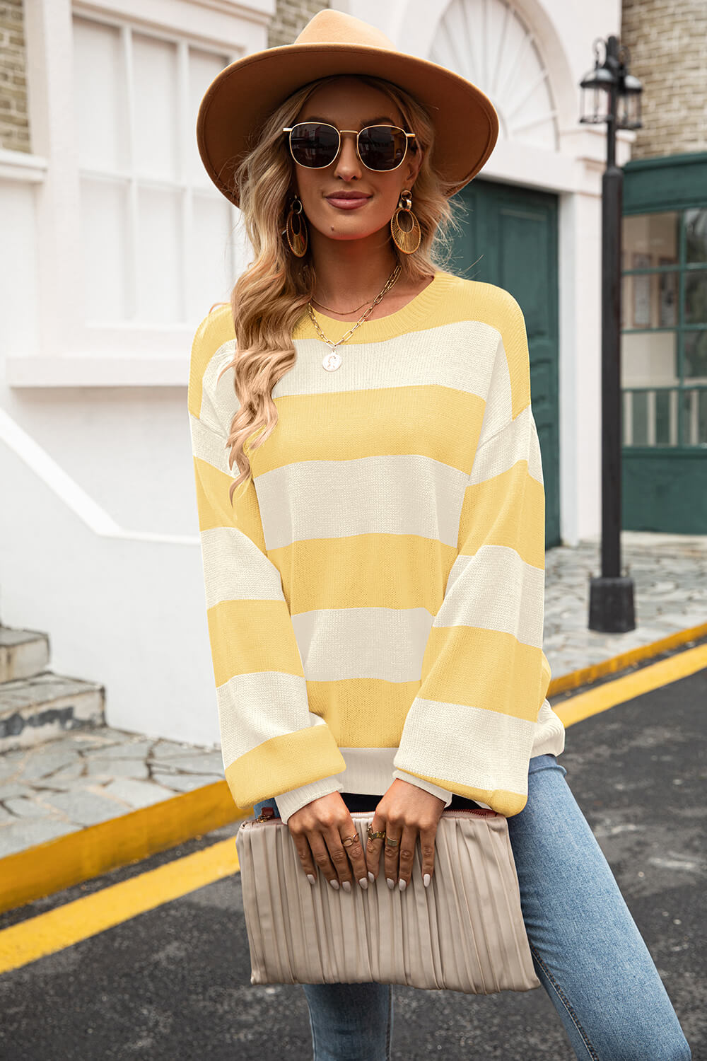Trendsi Cupid Beauty Supplies Yellow / S Woman Pullover Sweater Striped Balloon Sleeve Knit Pullover