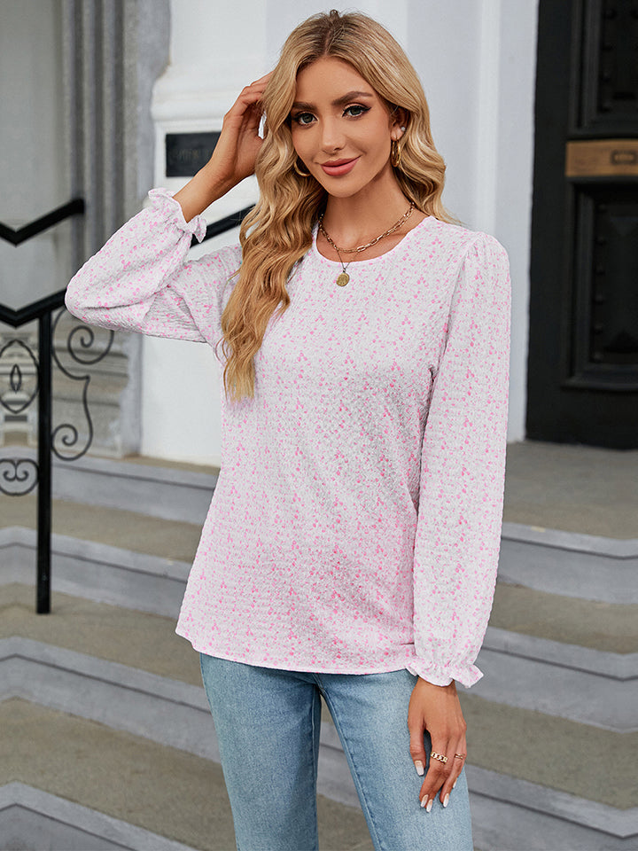 Trendsi Cupid Beauty Supplies Blush Pink / S Blouses Printed Round Neck Flounce Sleeve Blouse