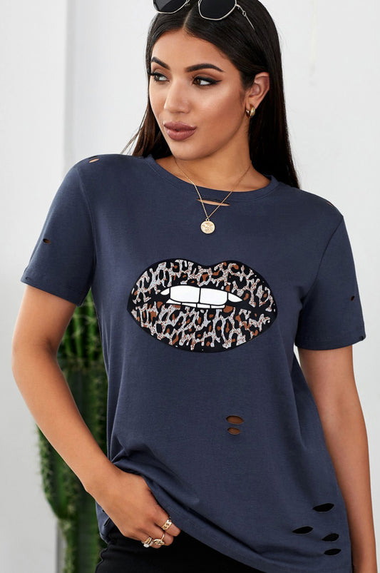 Trendsi Cupid Beauty Supplies Gray / S Woman's T-Shirts Leopard Lip Distressed T-Shirt