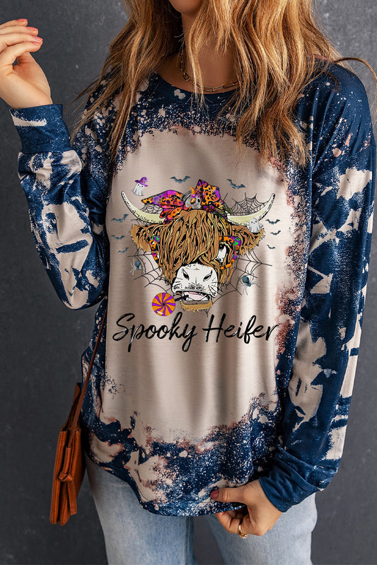 Spooky Heifer Graphic Tee - Round Neck, Long Sleeve Print