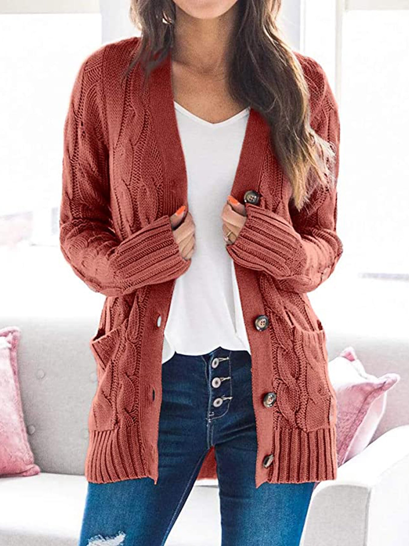 Trendsi Cupid Beauty Supplies Brick Red / S woman cardigan Cable-Knit Buttoned Cardigan with Pockets
