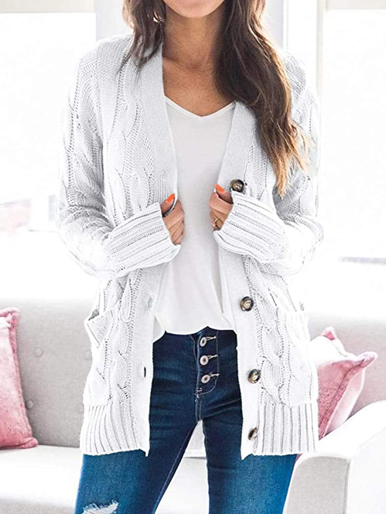 Trendsi Cupid Beauty Supplies White / S woman cardigan Cable-Knit Buttoned Cardigan with Pockets