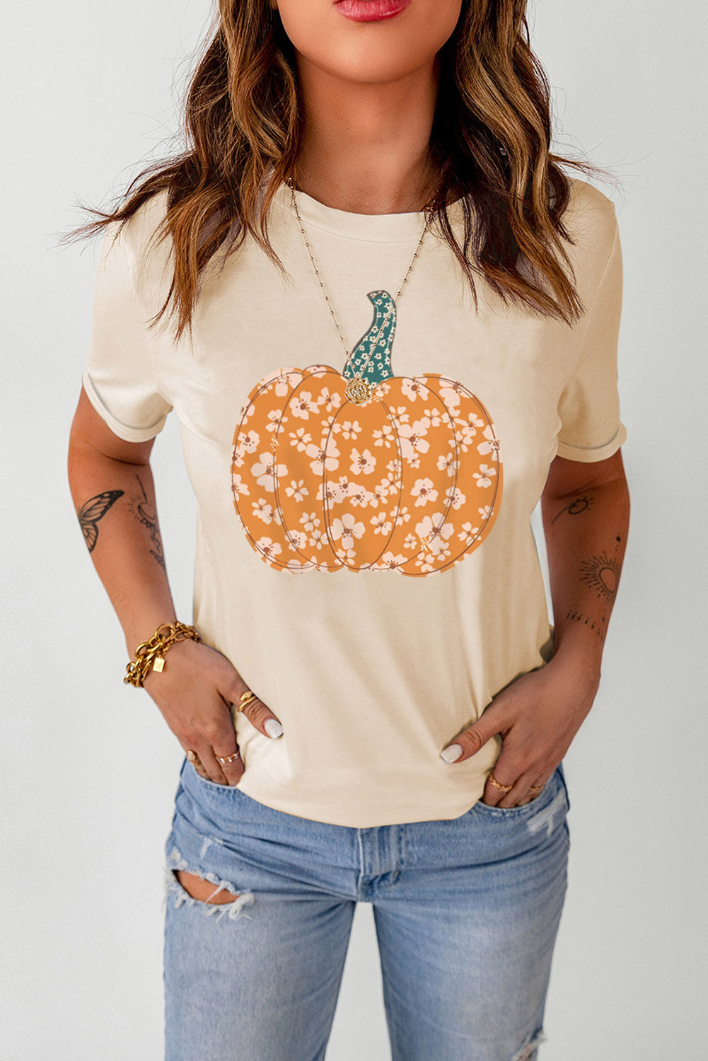 Trendsi Cupid Beauty Supplies Cream / S Womens Graphic Tees Pumpkin Graphic Round Neck Cuffed T-Shirt