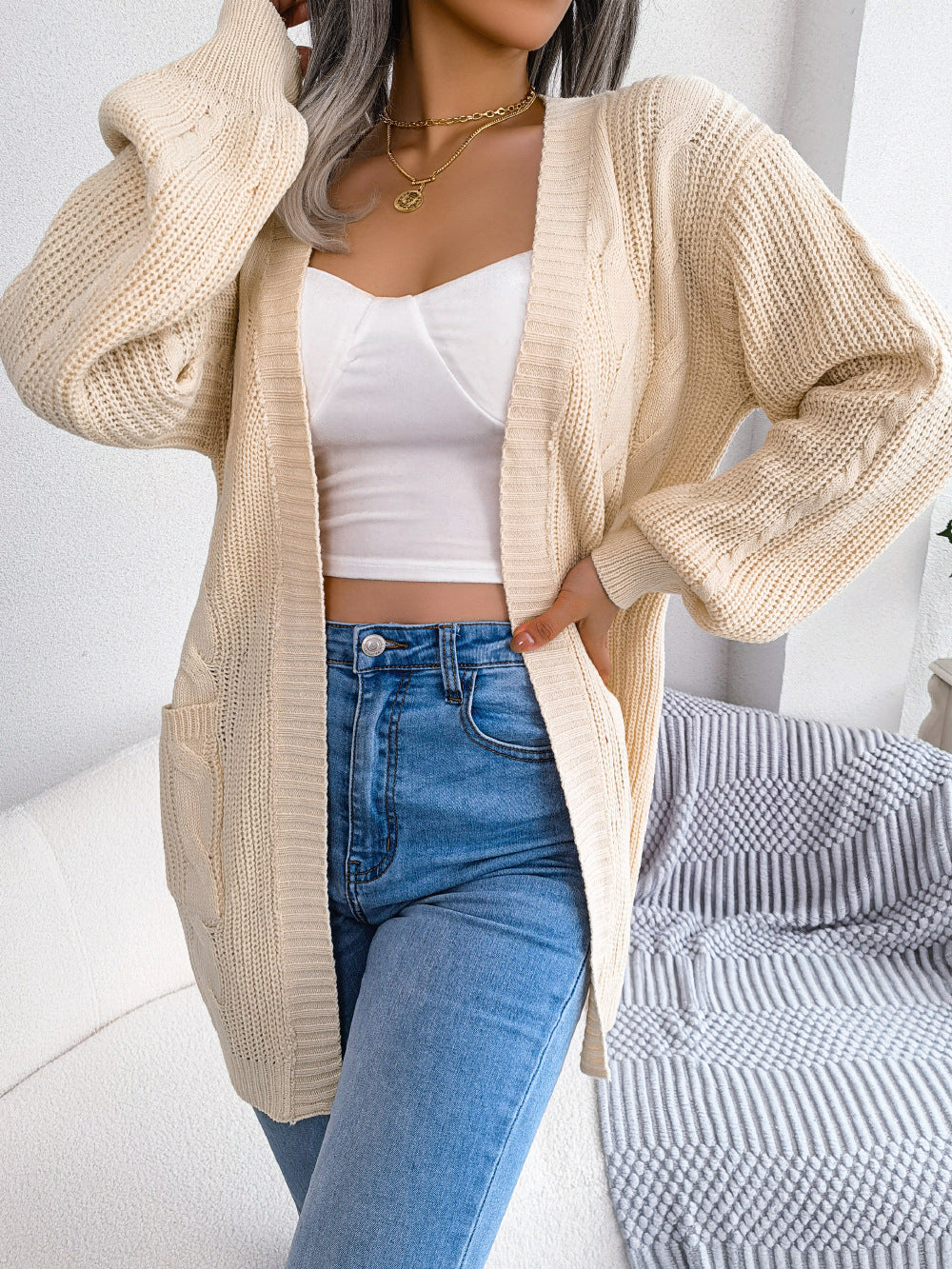 Trendsi Cupid Beauty Supplies Beige / S Woman Cardigan Cable-Knit Open Front Pocketed Cardigan