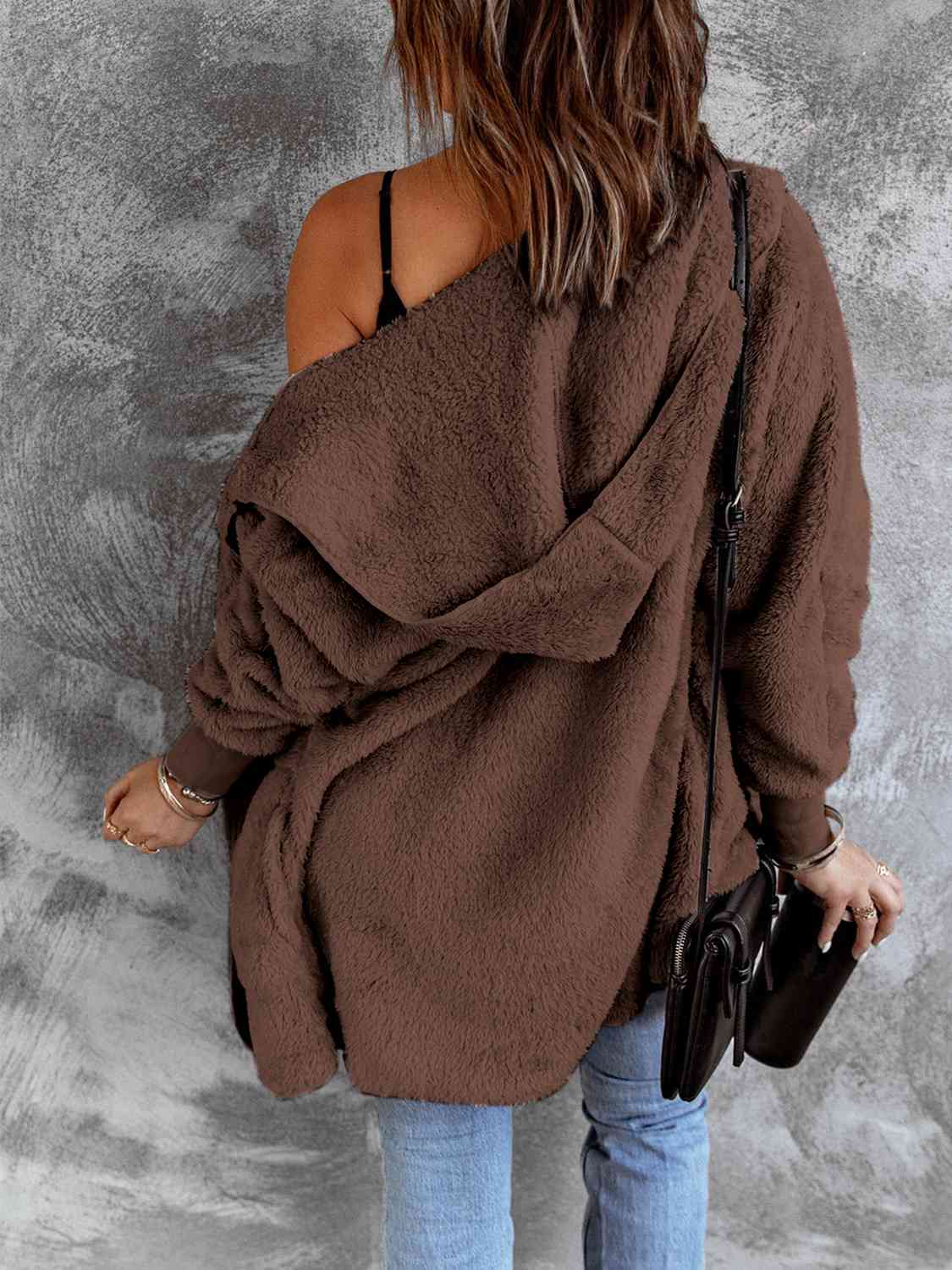 Women's Faux Fur Hooded Coat - Open Front with Pockets