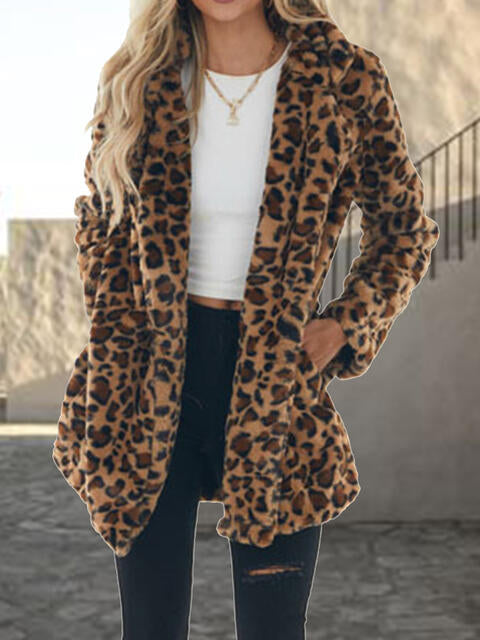 Leopard Collar Coat - Pockets, Stylish Print