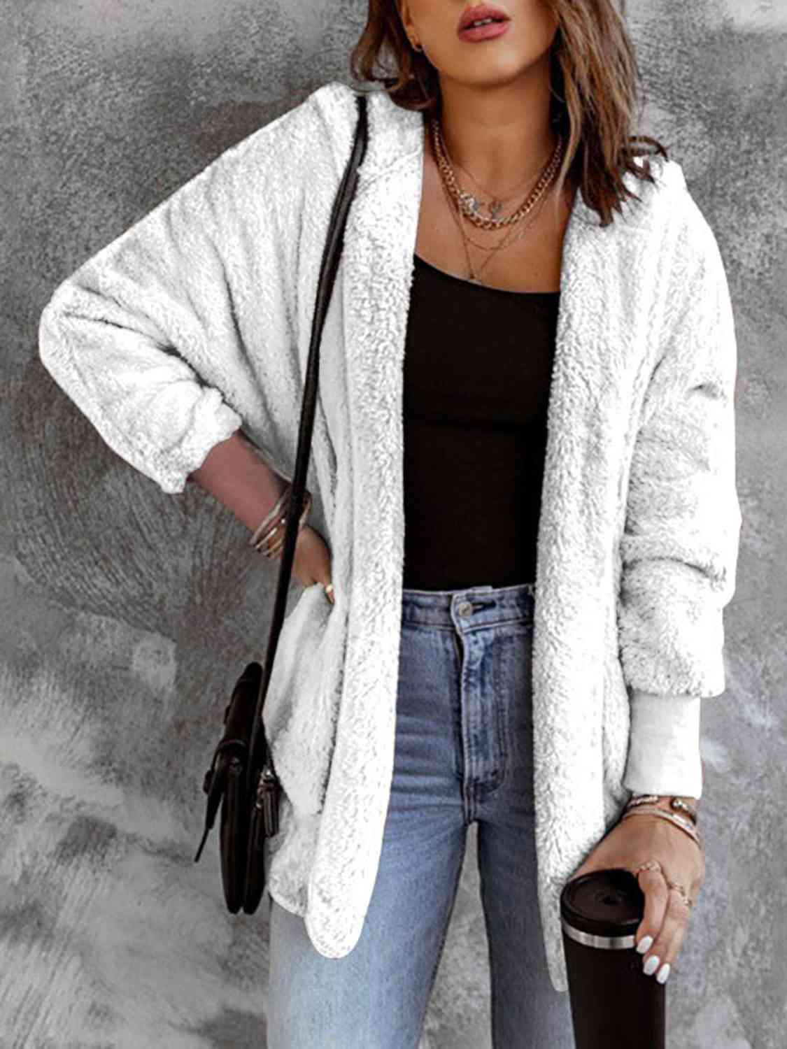Women's Faux Fur Hooded Coat - Open Front with Pockets