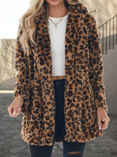 Leopard Collar Coat - Pockets, Stylish Print