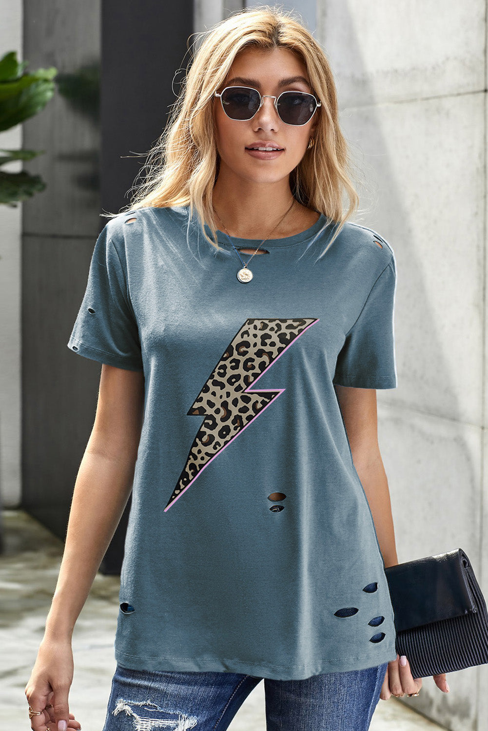 Trendsi Cupid Beauty Supplies Blue / S Woman's T-Shirts Leopard Lip Distressed T-Shirt