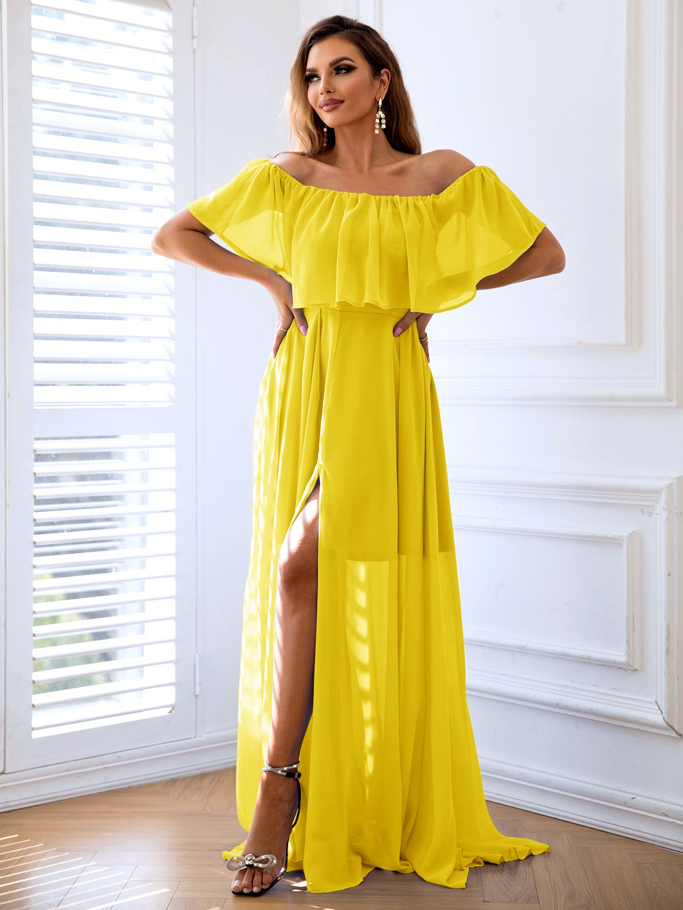 Trendsi Cupid Beauty Supplies Yellow / XS Woman Cocktail Dresses Off-Shoulder Layered Split Maxi Dress