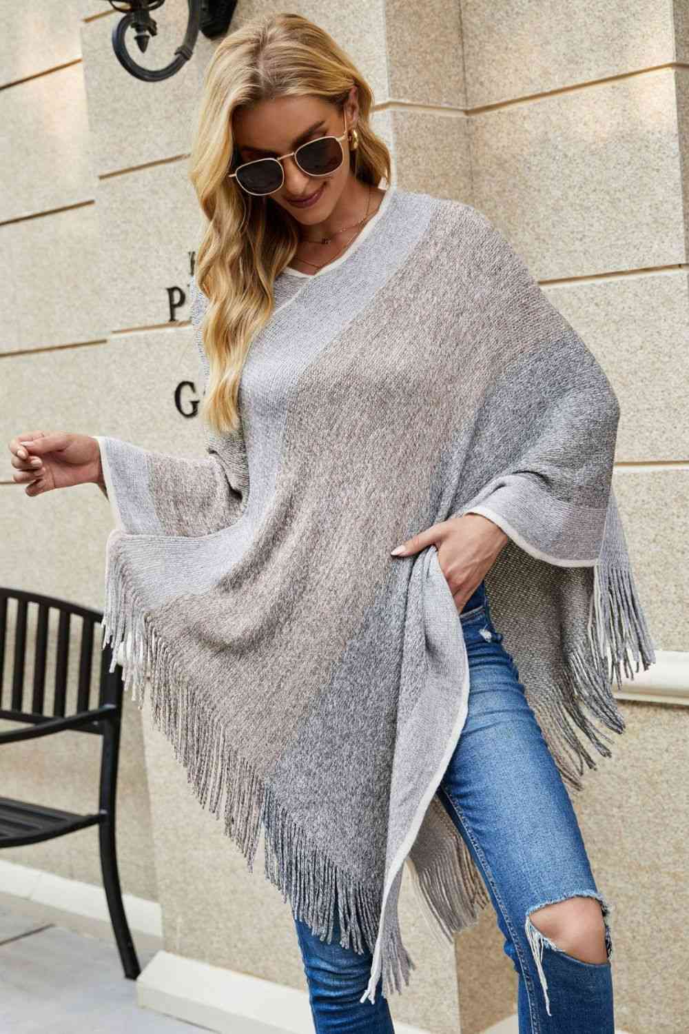 Trendsi Cupid Beauty Supplies Charcoal / One Size Woman Ponchos Color Block Fringe Hem Poncho