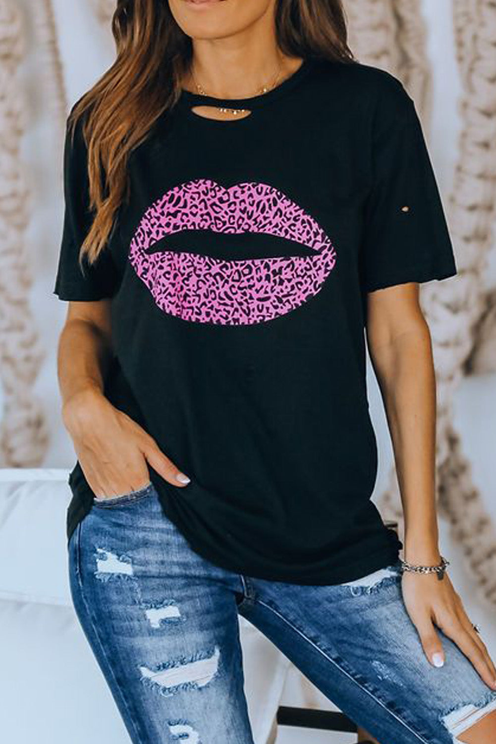 Trendsi Cupid Beauty Supplies Black / S Woman's T-Shirts Leopard Lip Distressed T-Shirt