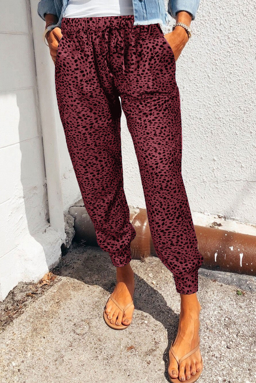 Trendsi Cupid Beauty Supplies Wine / S Women Pants Double Take Leopard Print Joggers with Pockets