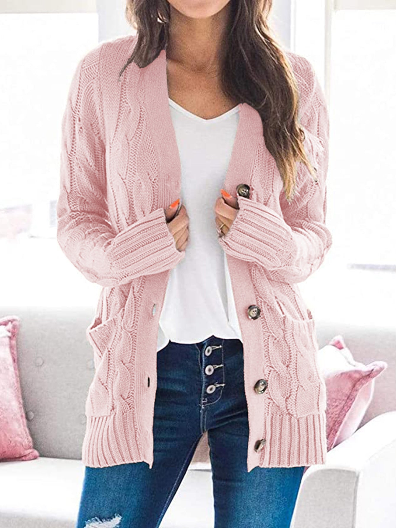 Trendsi Cupid Beauty Supplies Blush Pink / S woman cardigan Cable-Knit Buttoned Cardigan with Pockets