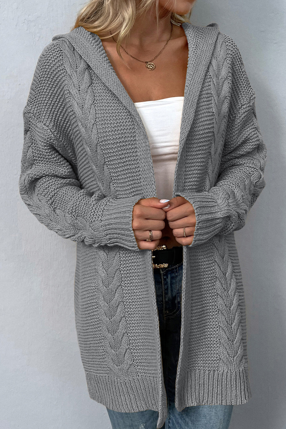 Trendsi Cupid Beauty Supplies Charcoal / S Woman Cardigan Cable-Knit Dropped Shoulder Hooded Cardigan