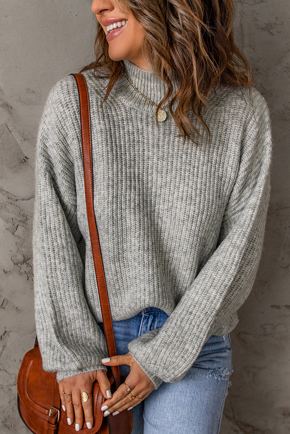Trendsi Cupid Beauty Supplies Gray / S Woman Pullover Sweater Heathered Balloon Sleeve Rib-Knit Sweater