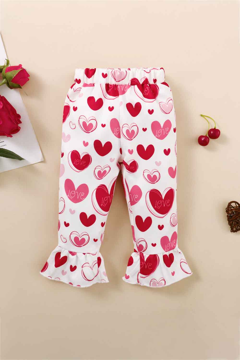 Girls Heart Print Bow Detail Sweater and Flare Pants Set