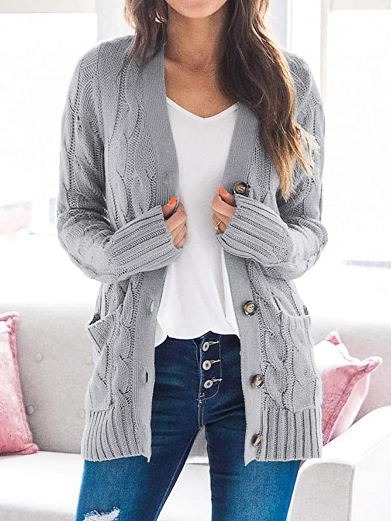 Trendsi Cupid Beauty Supplies Light Gray / S woman cardigan Cable-Knit Buttoned Cardigan with Pockets