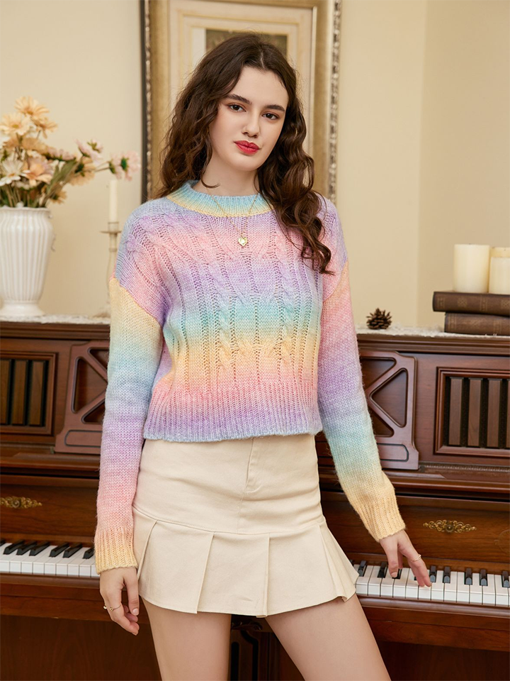 Trendsi Cupid Beauty Supplies Multicolor / S Blouses Rainbow Color Cable-Knit Dropped Shoulder Knit Top