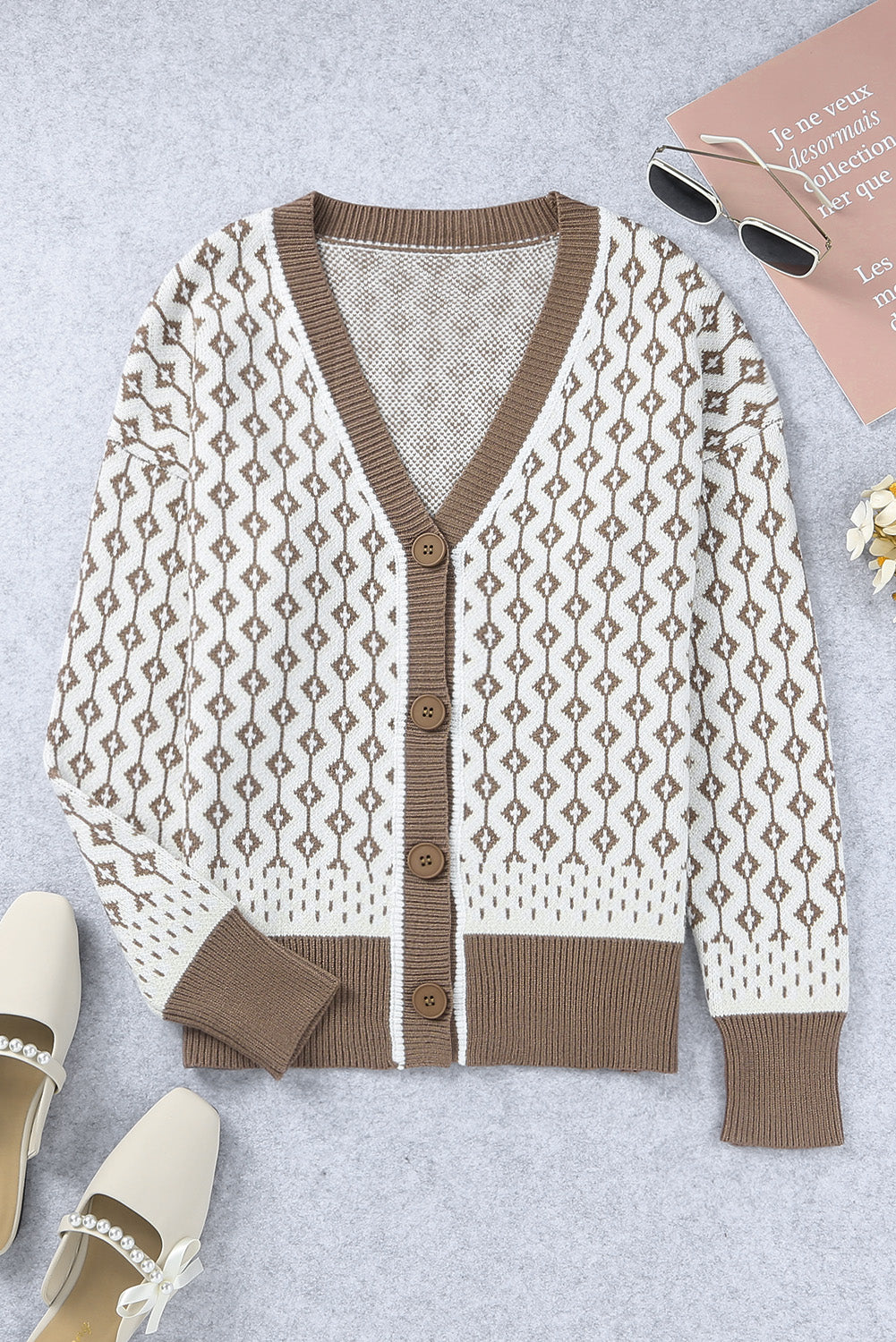 Trendsi Cupid Beauty Supplies Taupe / S Woman Cardigan Printed Contrast Trim Button Down Cardigan