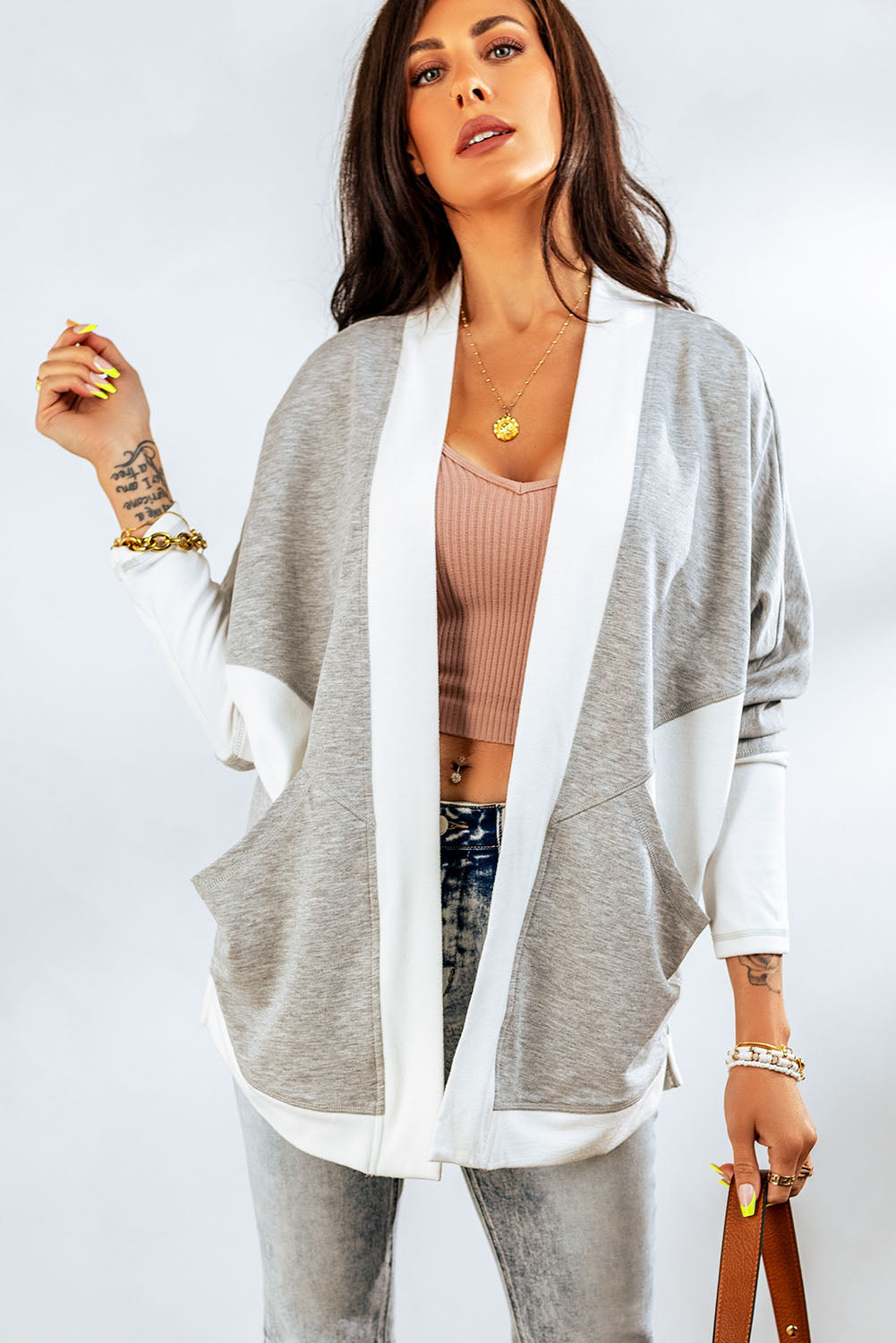 Trendsi Cupid Beauty Supplies Gray / S Woman Cardigan Contrast Open Front Cardigan with Pockets