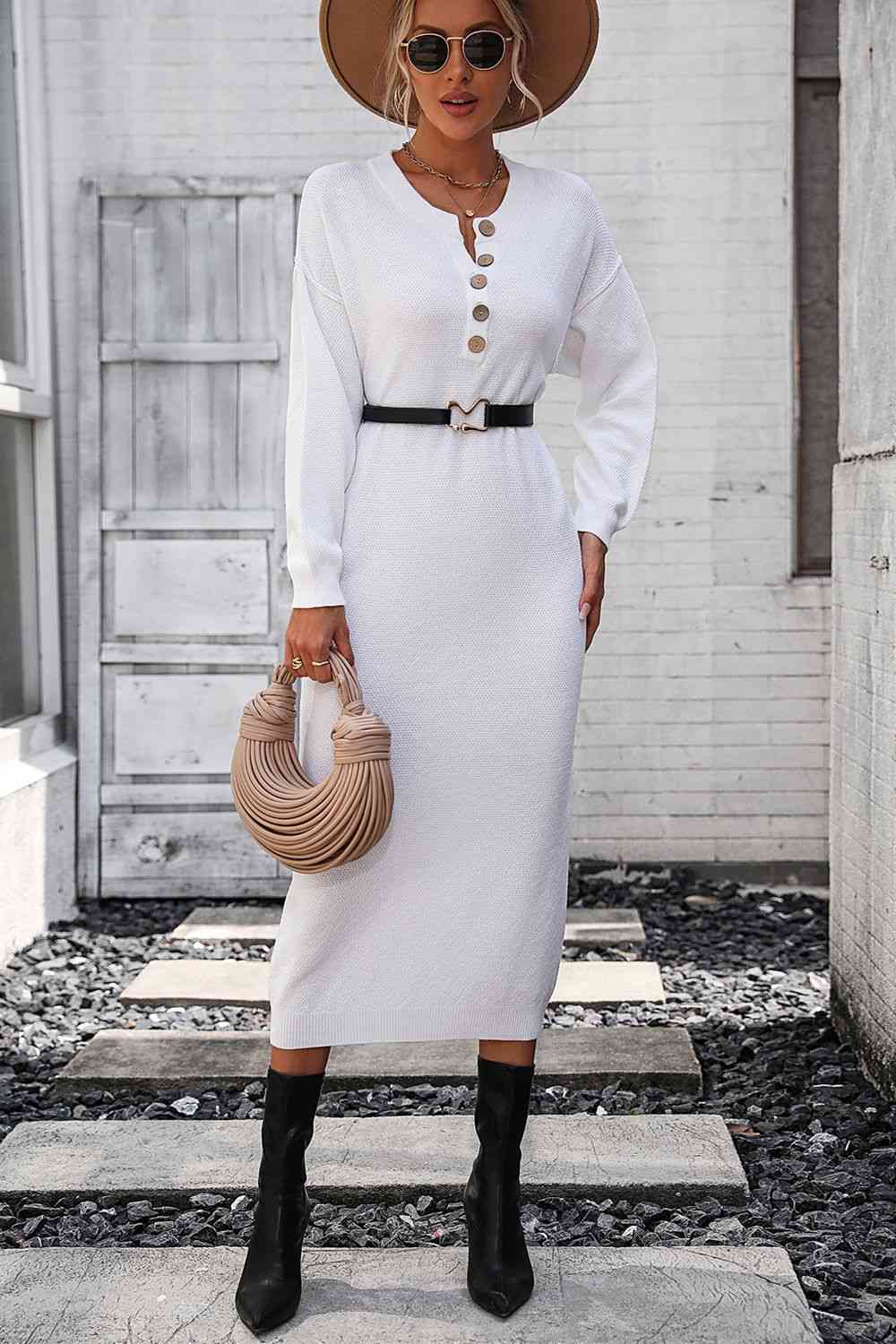 Notched Neck Dropped Shoulder Button-Down Midi Dress