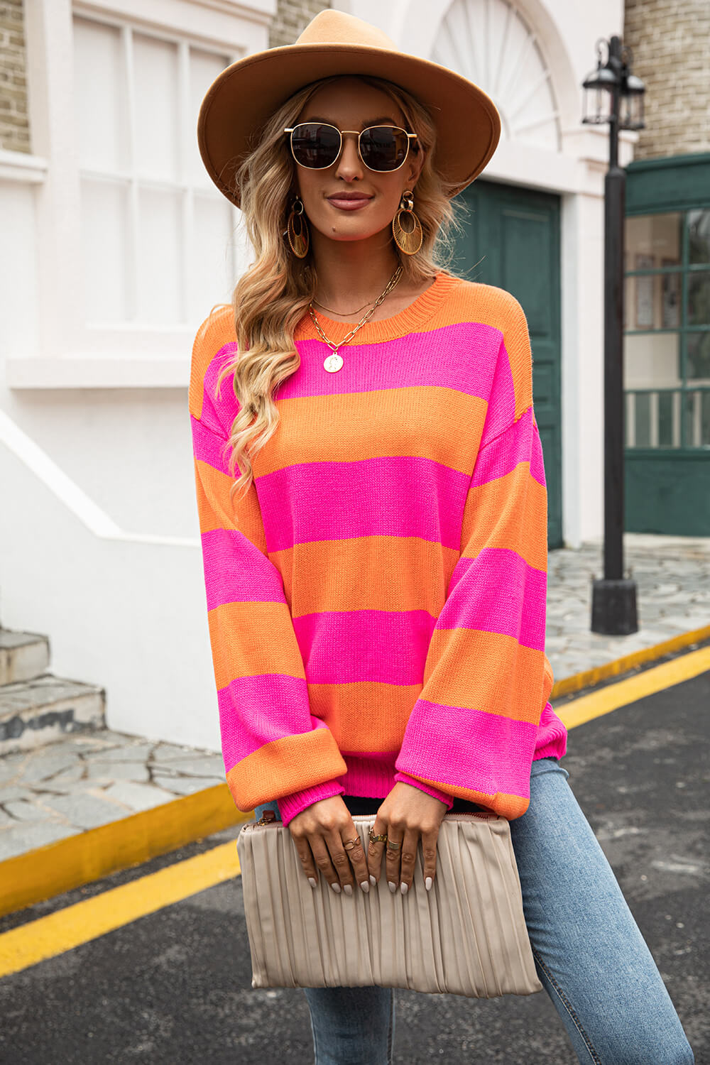 Trendsi Cupid Beauty Supplies Orange/Fuchsia / S Woman Pullover Sweater Striped Balloon Sleeve Knit Pullover