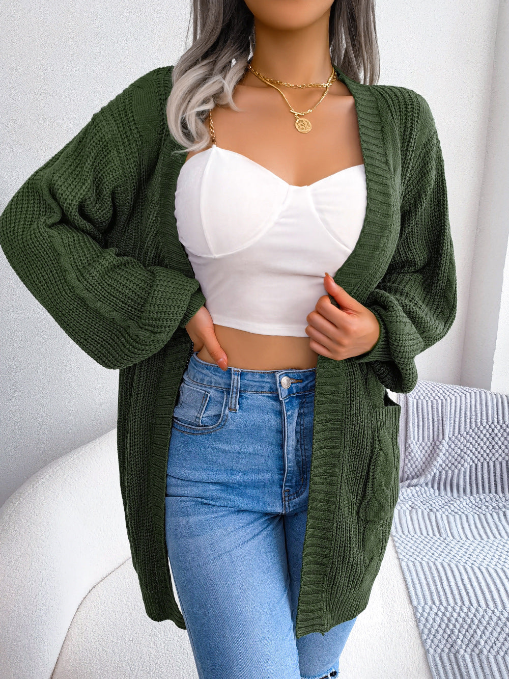 Trendsi Cupid Beauty Supplies Olive / S Woman Cardigan Cable-Knit Open Front Pocketed Cardigan
