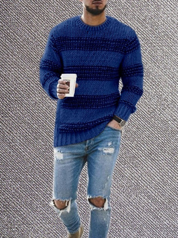 Men's fitted striped round neck long sleeve knitted sweater