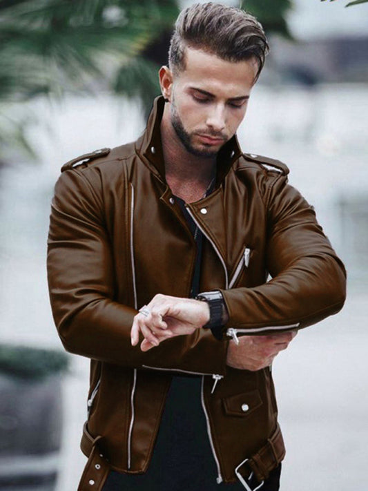 Zipper Leather Biker Jacket for Men – Stylish & Trendy